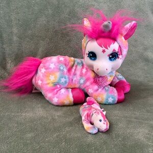 Unicorn Surprise Mother & 1 Baby Plush Stuffed Pastel Multi Color with Stars